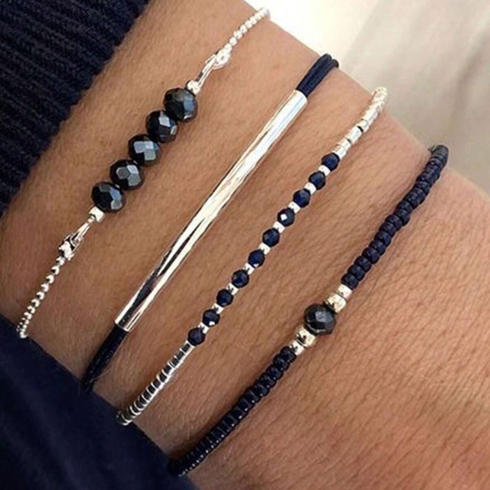 Boho Silver Tone Beaded Bracelet Set